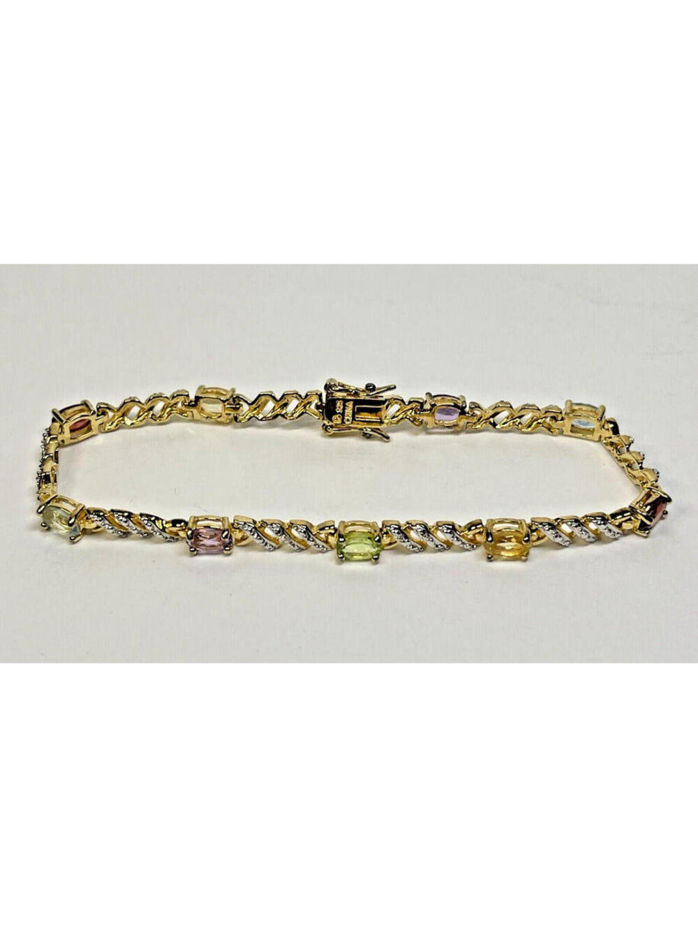 PRIME ART Sterling Silver Yellow Wash 9 Natural Stones Bracelet 7.25 inches VTG